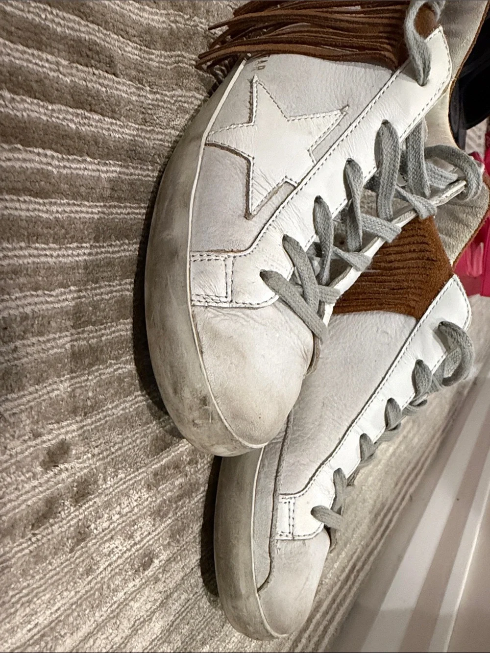 Golden Goose Women’s White Nubuck Low Top Super Star with Brown suede fringe.